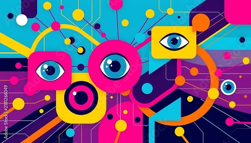 Abstract geometric art with eyes and connected network dots