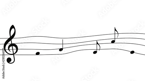Minimalist black musical notes on curved stave lines isolated white