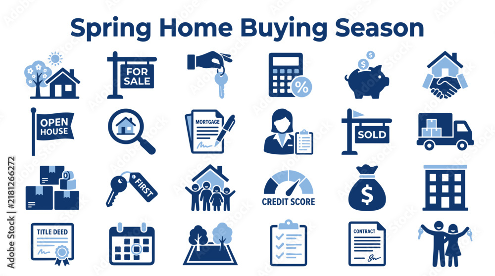 Naklejka premium Spring home buying season icons set featuring real estate symbols for mortgage finance and property investment