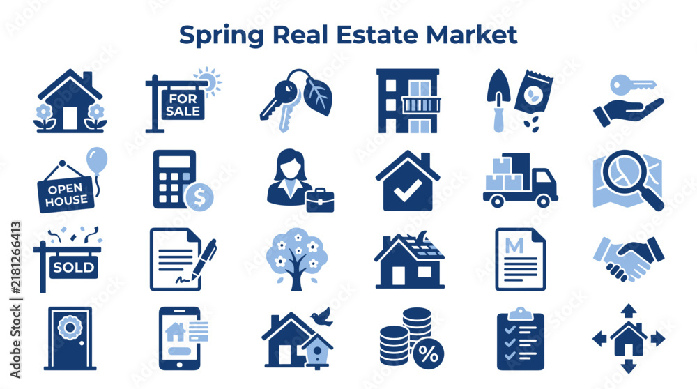 Naklejka premium Set of spring real estate market icons featuring house property mortgage and home buying symbols for professional property business and housing industry