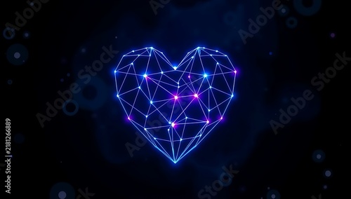 Glowing neon digital heart shape made of nodes and connecting lines