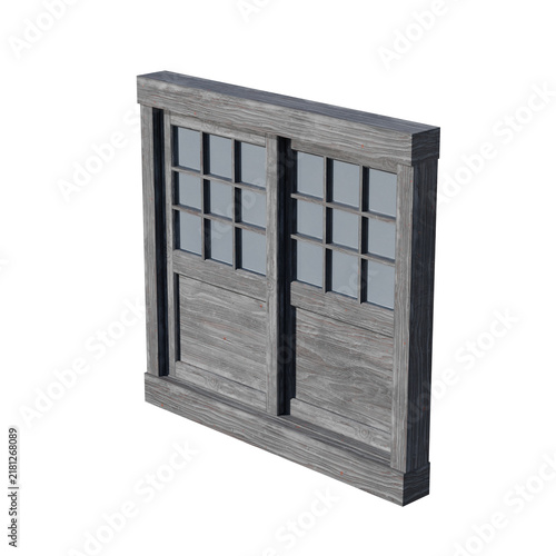 A 3D rendered model of a traditional Japanese style wooden sliding window isolated on white.