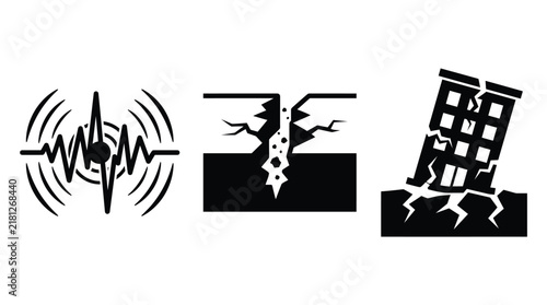 Set of black earthquake icons showing seismic activity