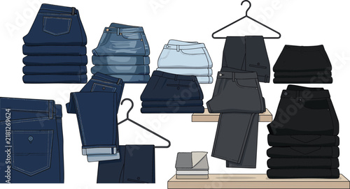 Denim jeans collection with folded and hanging pants in various blue and black styles displayed on wooden shelves