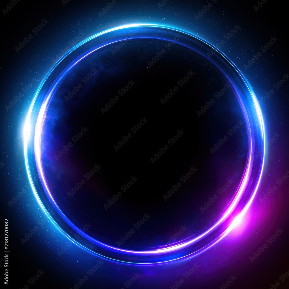 Fototapeta premium Abstract neon blue and purple ring light effect on black background