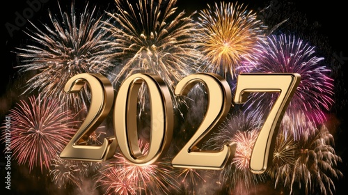 Gold 2027 numbers displayed against a background of colorful fireworks