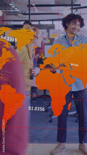 Animation of numbers and computer language on map, diverse coworkers discussing during tea break