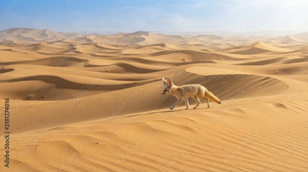 Obraz premium Desert Fox Roaming Sands: A fennec fox, with its distinctive large ears, navigates the undulating sand dunes of a vast desert under a clear blue sky.