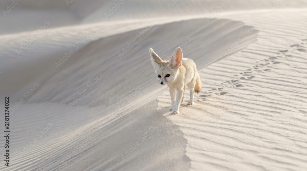 Obraz premium Fennec Fox in Desert Dunes: A fennec fox with its signature oversized ears treads carefully across undulating desert sand dunes.