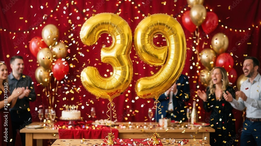 Fototapeta premium Joyful 39th Birthday Celebration with Gold Balloons and Confetti