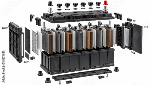 Exploded View of Lead Acid Car Battery with Plates, Terminals and Internal Components