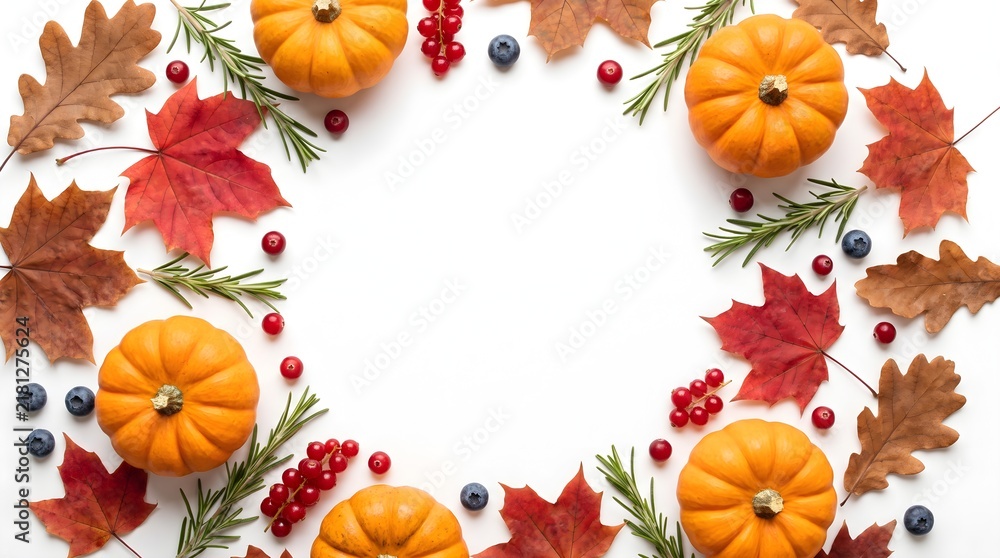 Obraz premium A festive border of pumpkins and colorful autumn leaves on white background for a beautiful happy thanksgiving day celebration greeting card design