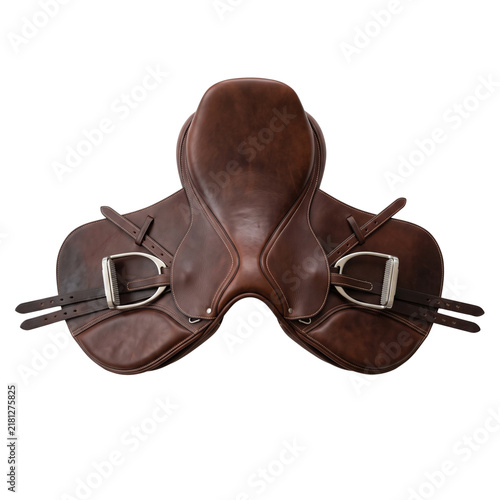 Brown Leather English Horse Saddle with Stirrup Leathers and Buckles.