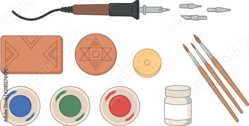 Professional Pyrography Wood Burning Craft Tool Vector Icon Set with Soldering Pen Interchangeable Tips Paintbrushes and Colors