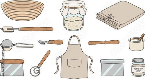 Sourdough Bread Baking Tools Vector Icon Set with Banneton Basket Apron Whisk Dough Scraper and Yeast Jar