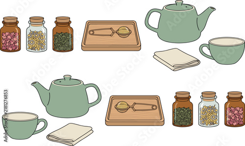 Traditional Herbal Tea Blending Vector Icon Set with Ceramic Teapot Cup Jars Dried Flowers Scoop and Napkin