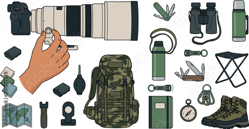 Wildlife Photography Gear and Safari Equipment Vector Icon Set with Telephoto Lens Backpack Binoculars and Outdoor Tools