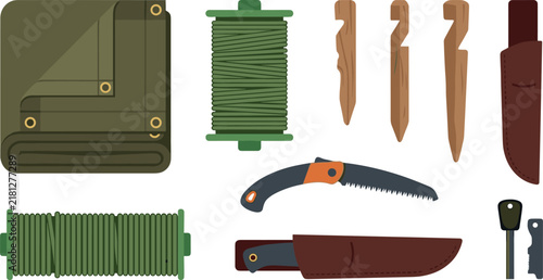 Wilderness Bushcraft Camping Equipment Vector Icon Set with Tarp Cordage Wooden Pegs Knife Sheath Saw and Fire Striker