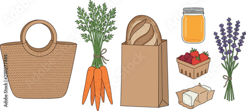 Farmers Market Fresh Organic Grocery Vector Icon Set with Straw Bag Bread Carrots Honey Berries and Lavender