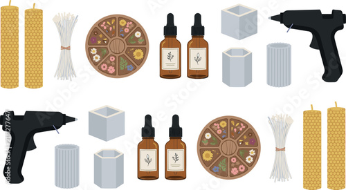 Handmade Candle Making Supplies Vector Icon Set with Beeswax Dried Flowers Essential Oils and Glue Gun