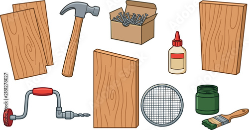 Handmade Woodworking Craft Supplies Vector Icon Set with Hammer Brace Drill Wood Boards Nails Glue and Paint
