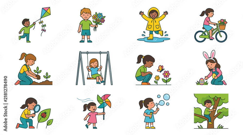 Fototapeta premium Children engage in various outdoor activities like flying kites, riding bikes, and blowing bubbles in a vector illustration set.