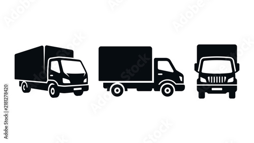 Set of three black silhouette showing a delivery truck from different angles, including side, perspective, and front view for logistics and transport concepts