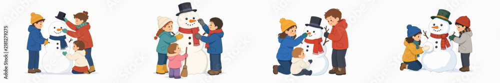 Fototapeta premium Vector illustration of children building a snowman on a white background