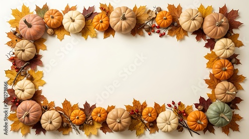 A festive thanksgiving background featuring a rectangular frame made of colorful autumn leaves and small decorative pumpkins on white surface