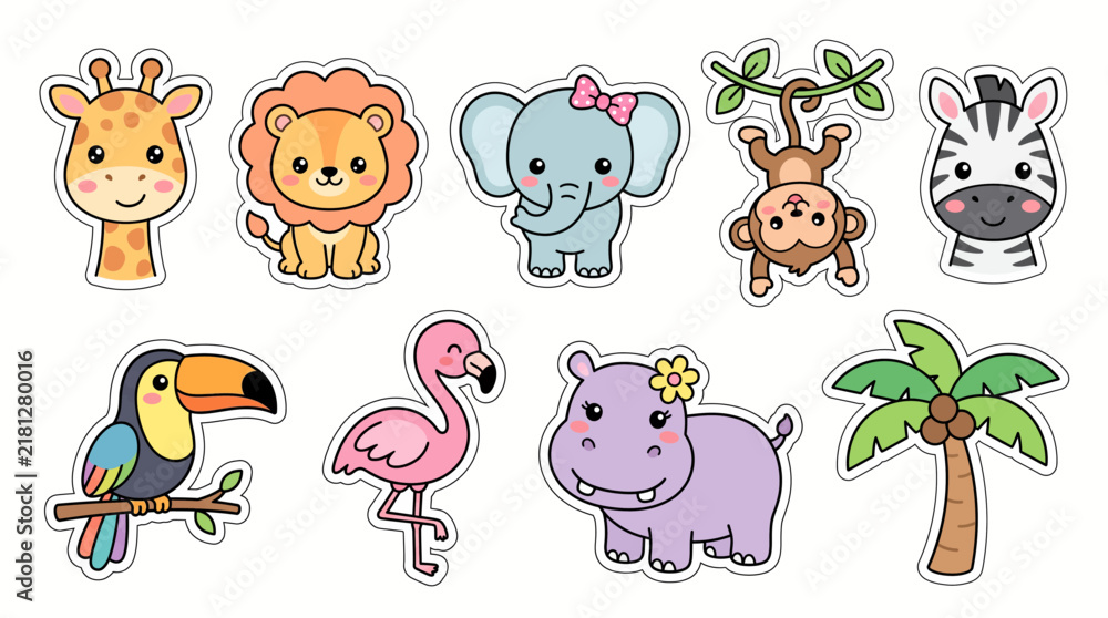 Obraz premium Tropical safari cute kawaii sticker sheet giraffe lion elephant monkey zebra toucan flamingo hippo palm vector