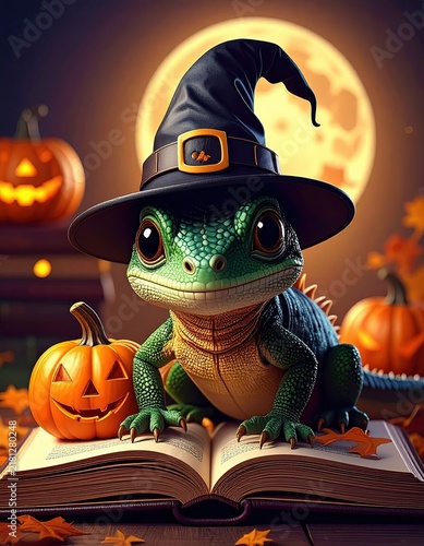 An adorable tropical house gecko, Small Lizard in Black Hat on Open Book