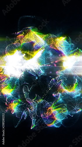 Dynamic swirling luminescent particles simulating quantum physics, futuristic data flow, or magical cosmic energy. High contrast vertical digital art animation with vibrant chromatic aberration.