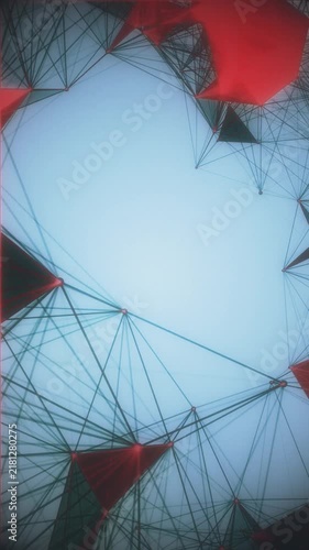 Clean geometric network visualization featuring red nodes and connecting lines. Ideal for corporate presentations, medical science concepts, or sleek technological backgrounds. Vertical layout.