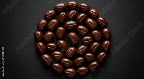 Roasted Coffee Beans in a Circular Arrangement on Dark Background
