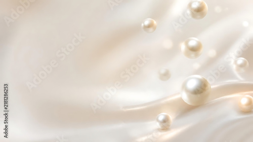 Dreamlike luxury pearl background with several glowing pearls gently suspended against a soft silky gradient atmosphere, pearlescent white and champagne tones