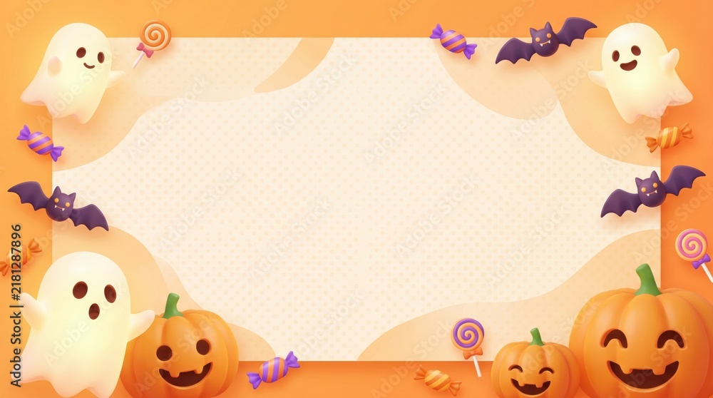 Fototapeta premium Halloween background, with cute ghosts, pumpkins, bats, and candy