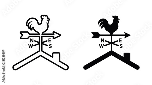 Bild auf Leinwand Rooster weather vane on a roof indicating directions N, S, E, W in black and white outline and silhouette styles