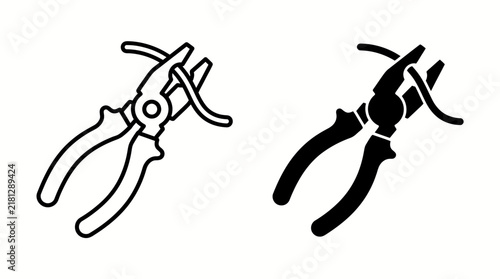 Two stylized icons of pliers cutting a wire, one outlined and one solid black.