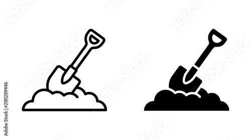 Two icons of a shovel digging into the ground, one outline and one solid black.
