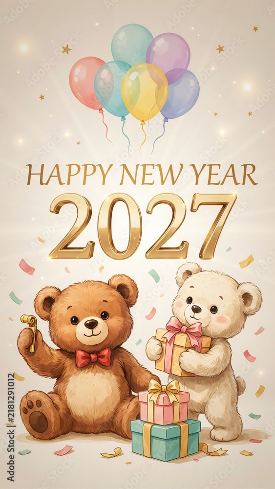 Fototapeta premium Two adorable teddy bears in a whimsical illustration style celebrate the new year with colorful balloons, stacked gift boxes, and confetti against a soft background with Happy New Year 2027 text
