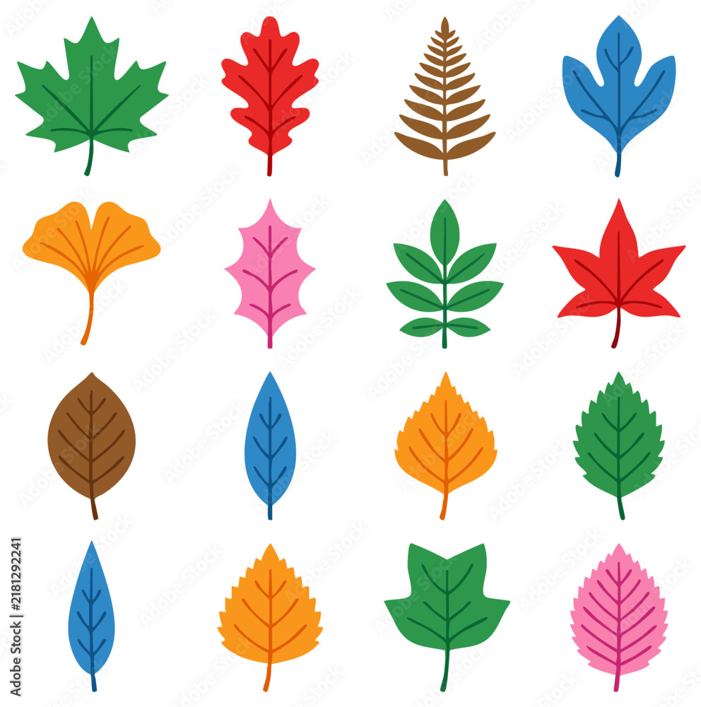 Fototapeta premium Colorful Flat Vector Leaf Collection with Diverse Botanical Shapes