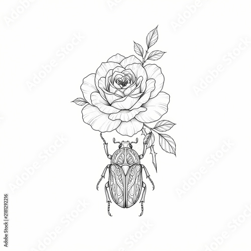 Ornamental beetle holding rose tattoo