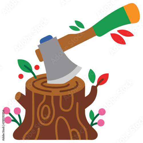 Woodcutter Axe Tool Embedded in Tree Stump Flat Vector Illustration