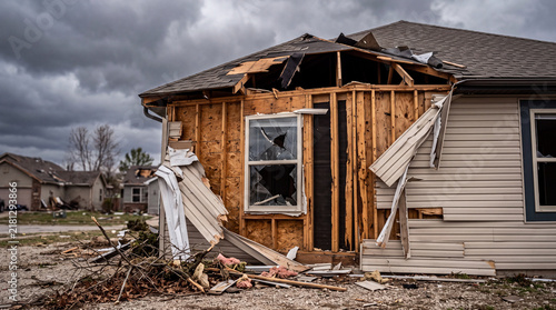 Residential house destroyed by tornado storm damage and extreme weather destruction
