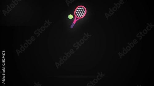 Tennis racket and ball spinning and floating against a dark background in minimalist 3D animation style