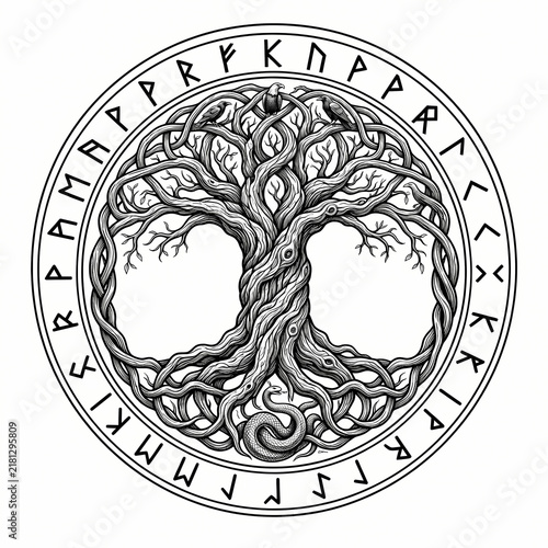 Yggdrasil tree within runic circle tattoo