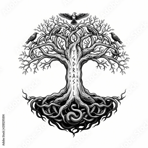  Yggdrasil tree with ravens and serpent