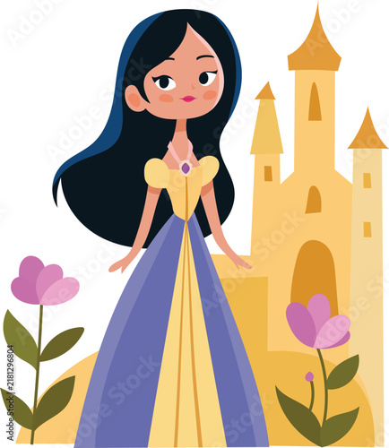 Fairytale Princess with Castle and Flowers Vector Illustration