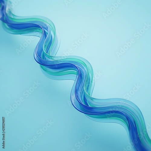 Curved abstract blue glass ribbon with glowing refractions floating diagonally over a clean soft light blue surface.