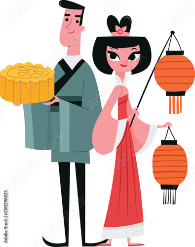 Chinese Couple Celebrating Mid-Autumn Festival with Mooncake and Lanterns Vector Illustration